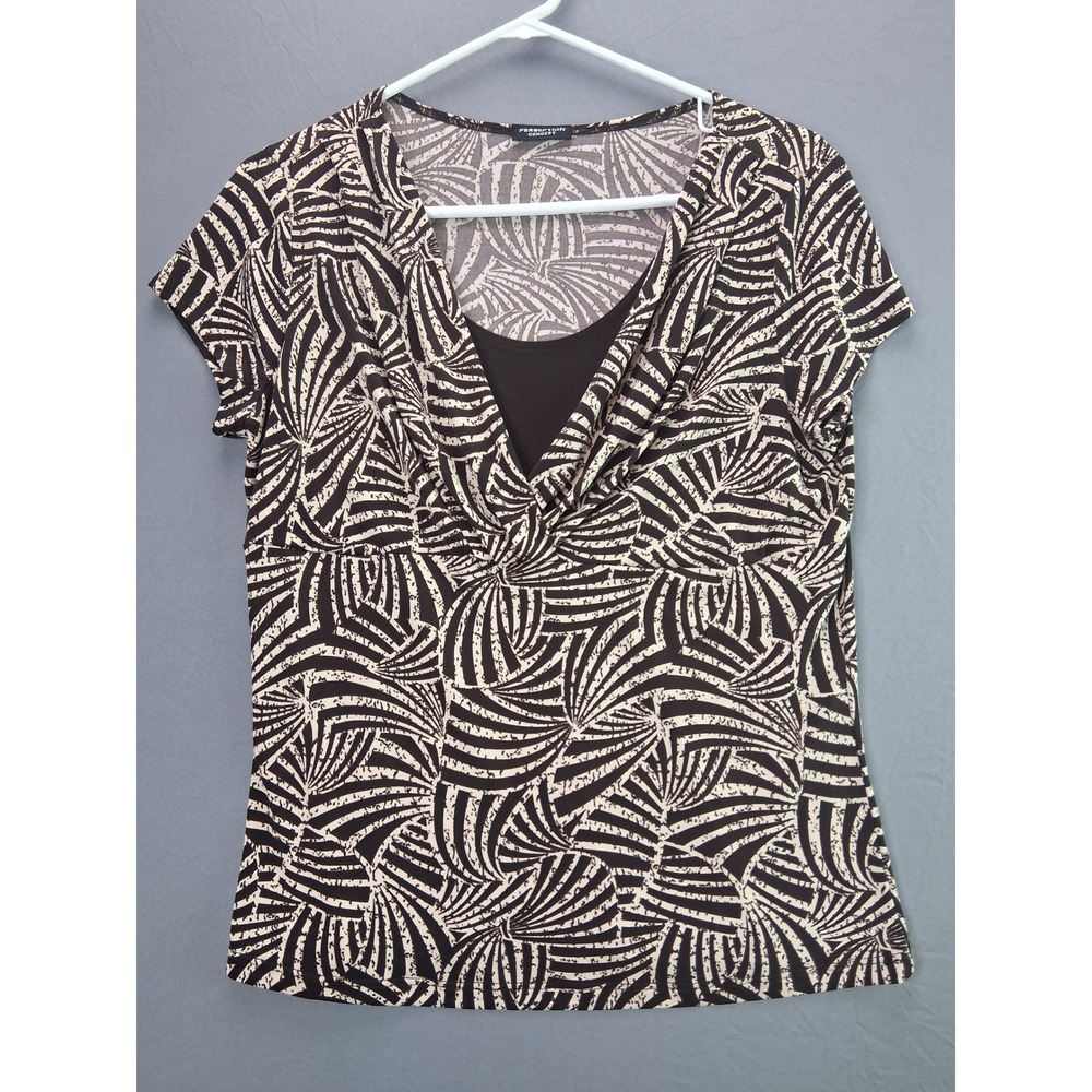 Perception Concept Knit Top Womens Large Brown Cream Abstract Draped Cowl Neck